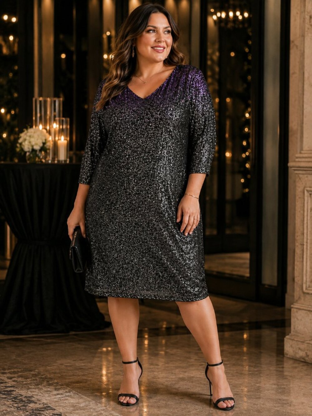 Lane Bryant 18/20 Metallic Shimmer V Neck Shift Dress Black Purple Holiday